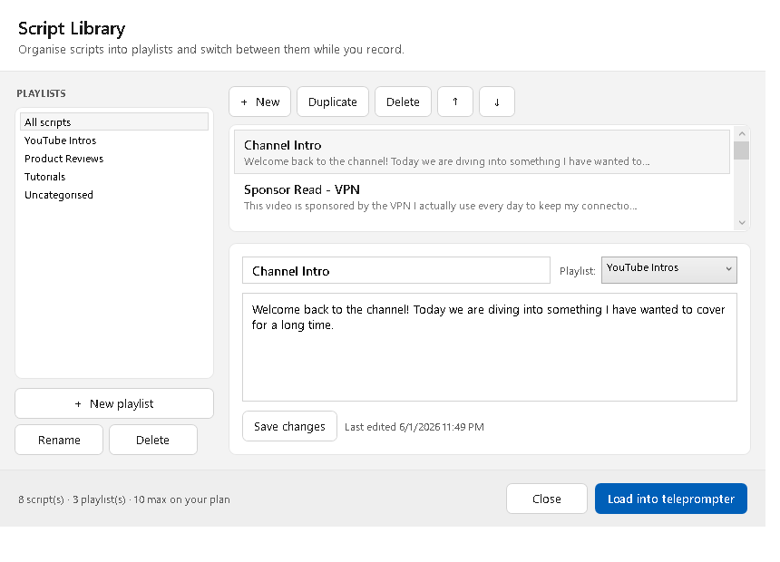 Script Library window with playlists and saved scripts