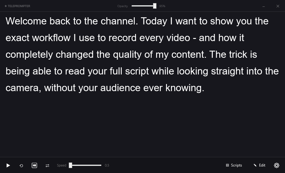 TelePrompter Pro main window showing a script scrolling, with playback and speed controls