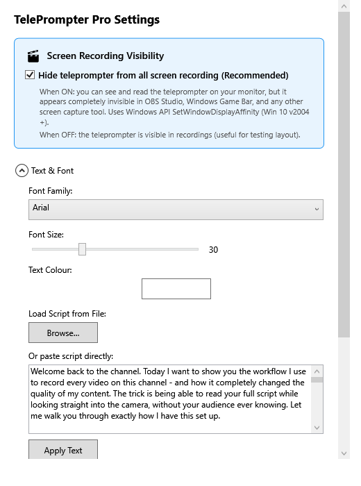 Settings window with the Hide from screen recording switch enabled