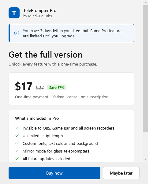 Upgrade window showing a 3-day free trial and one-time price